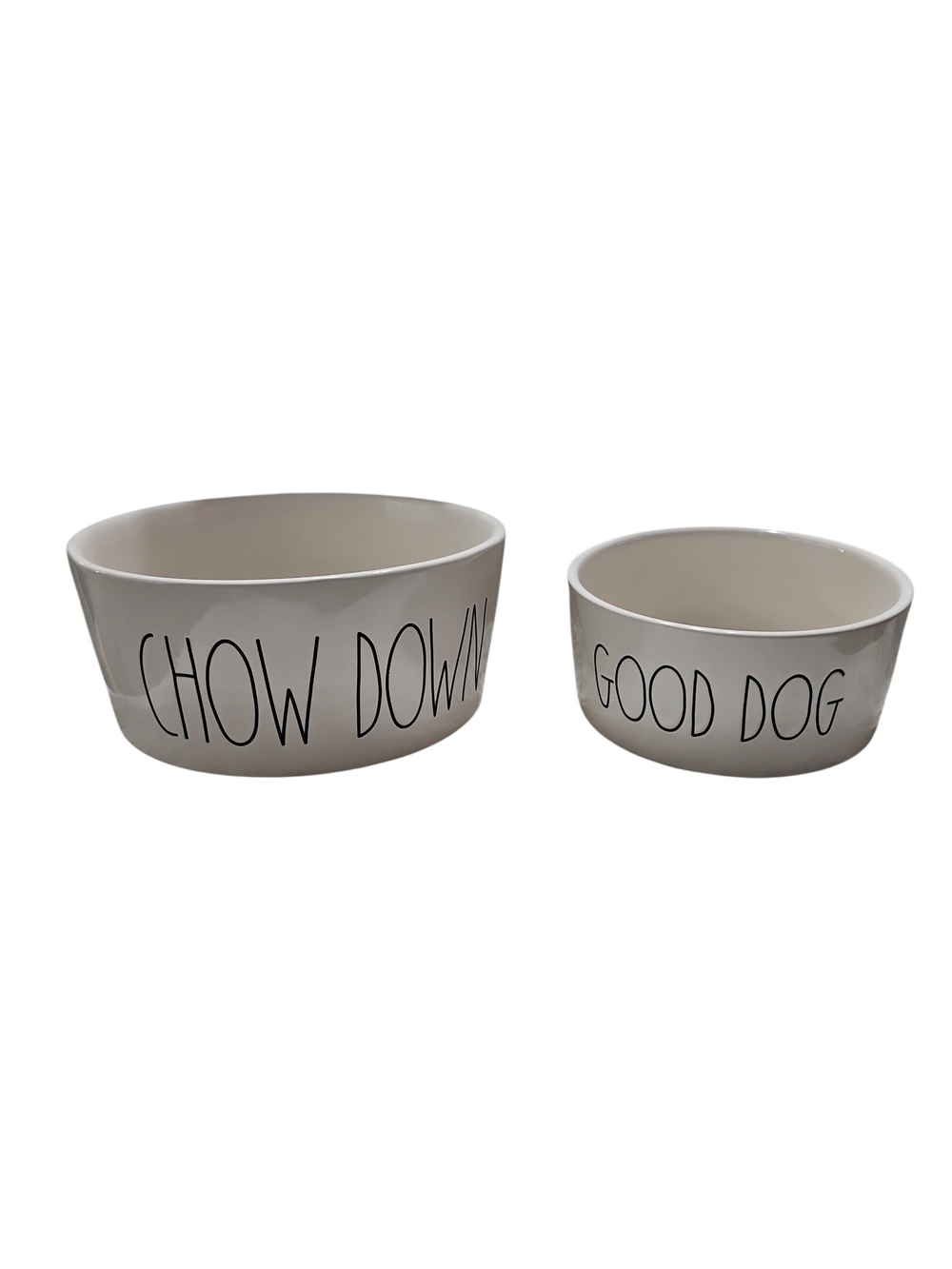 Rae Dunn Ceramic 'Chow Down' & 'Good Dog' Dog Bowls Lot Cream & Black